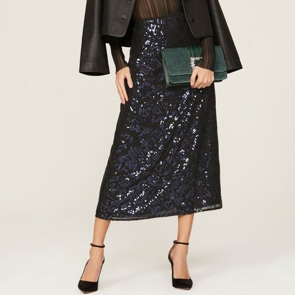 Rixo Kelly Sequin Midi Skirt Black and Blue Size Small - Picture 1 of 15